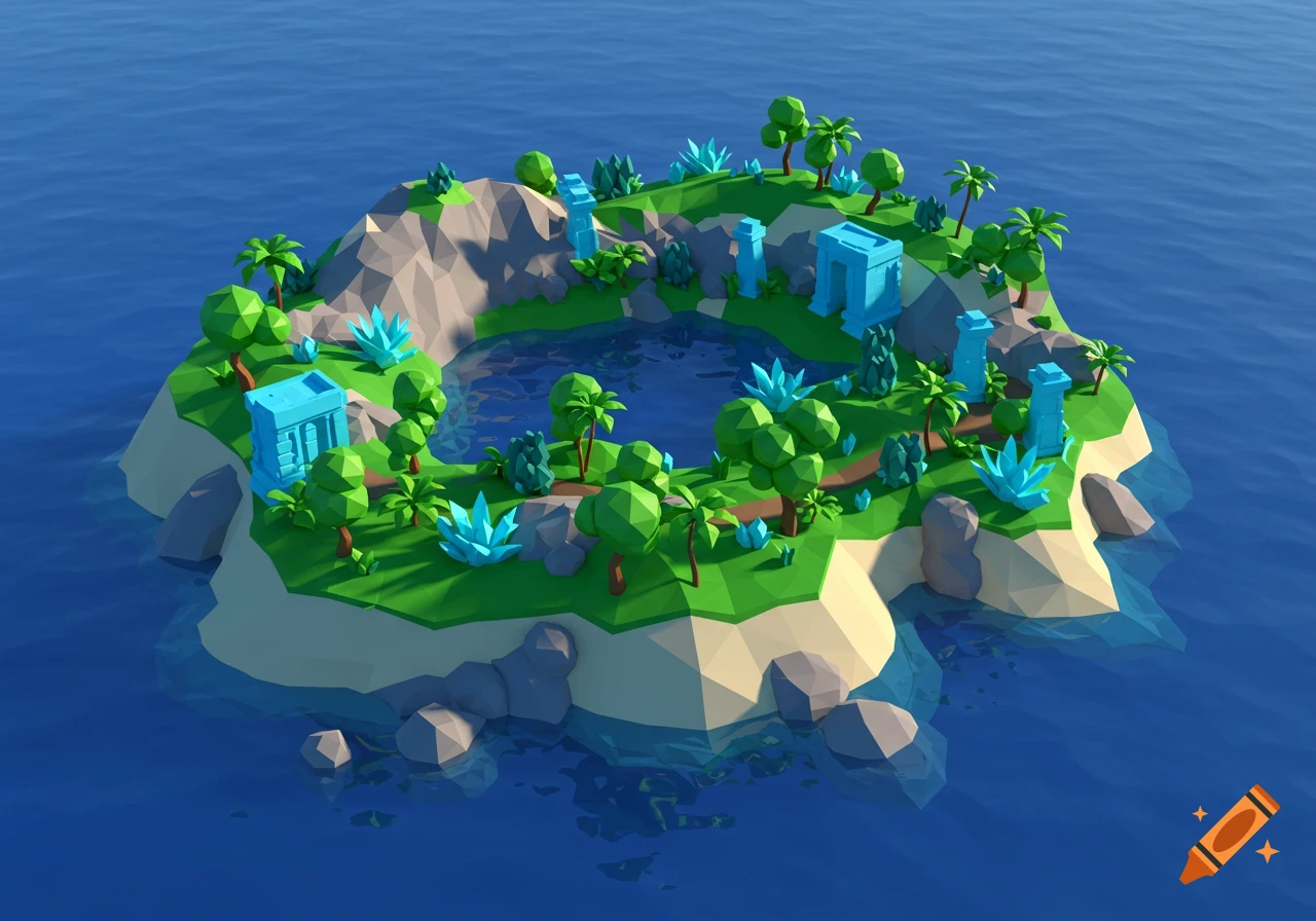 A low poly isometric view of a tropical island with trees, rocks, blue ruins, and a central pond surrounded by water.