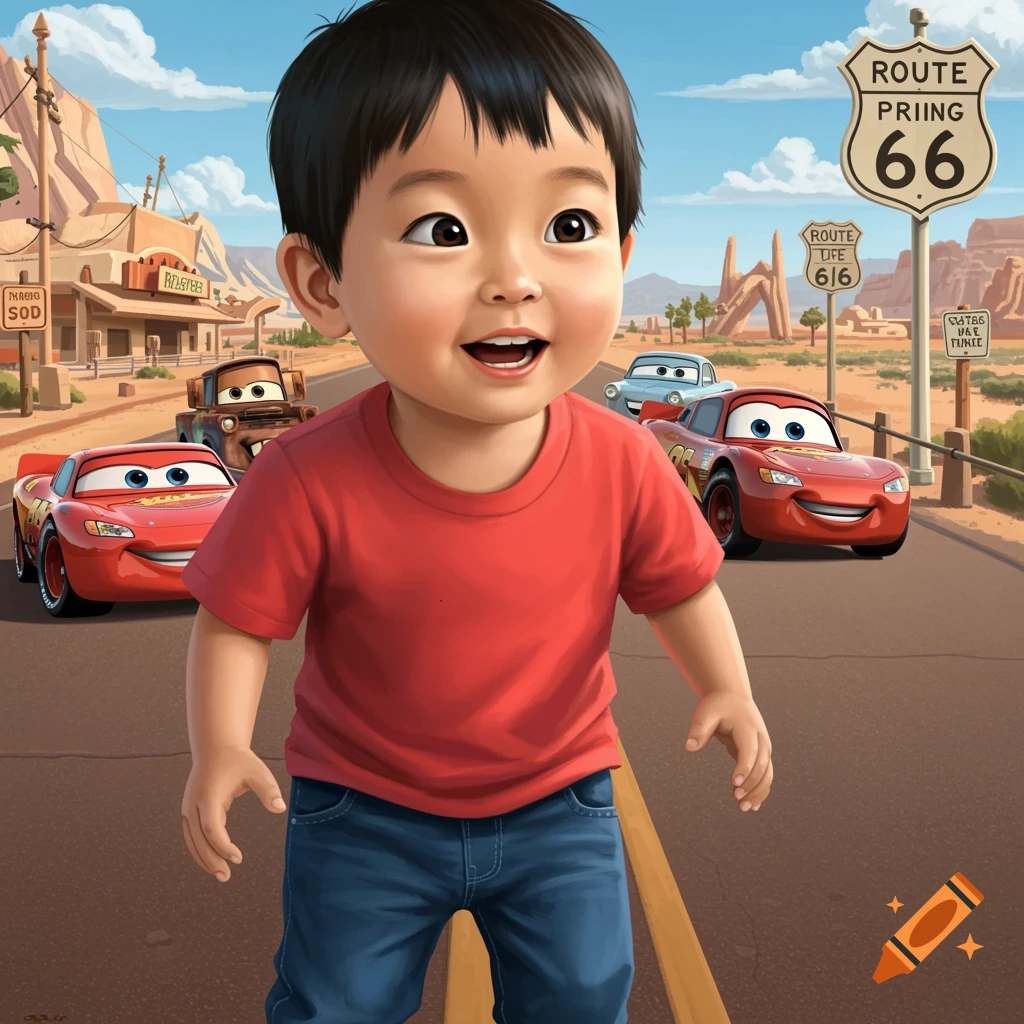 A young Asian boy stands on Route 66 with Lightning McQueen and Mater from the Cars movie behind him.