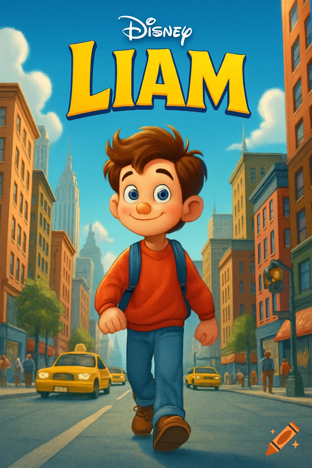 Disney animated movie poster with the title LIAM above a boy walking down a city street with yellow taxis.