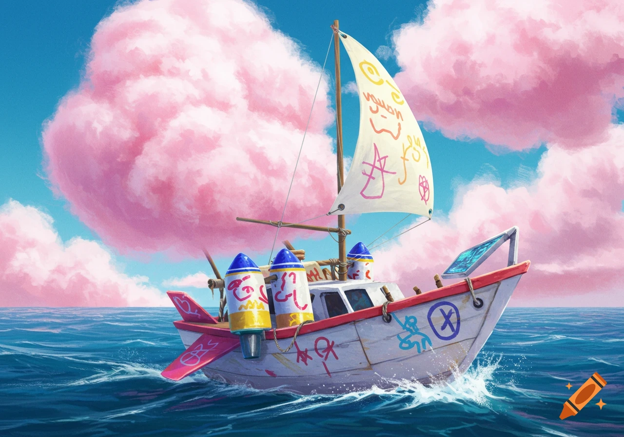 A whimsical sailboat with jetpacks floats on the ocean under pink clouds.
