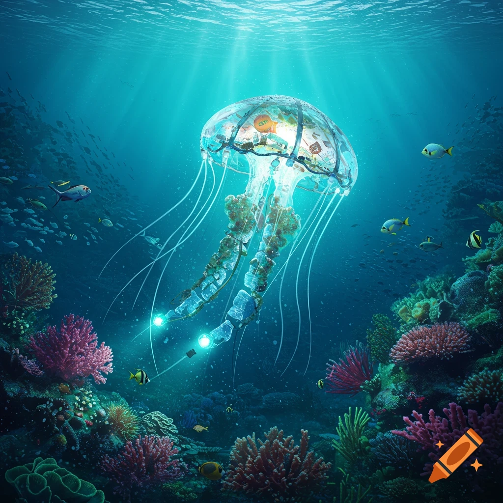 Stylized jellyfish drone made of debris floating above a coral reef