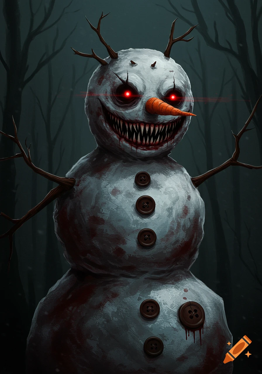 Creepy snowman with red glowing eyes, sharp teeth, and bloodstains in a dark forest.