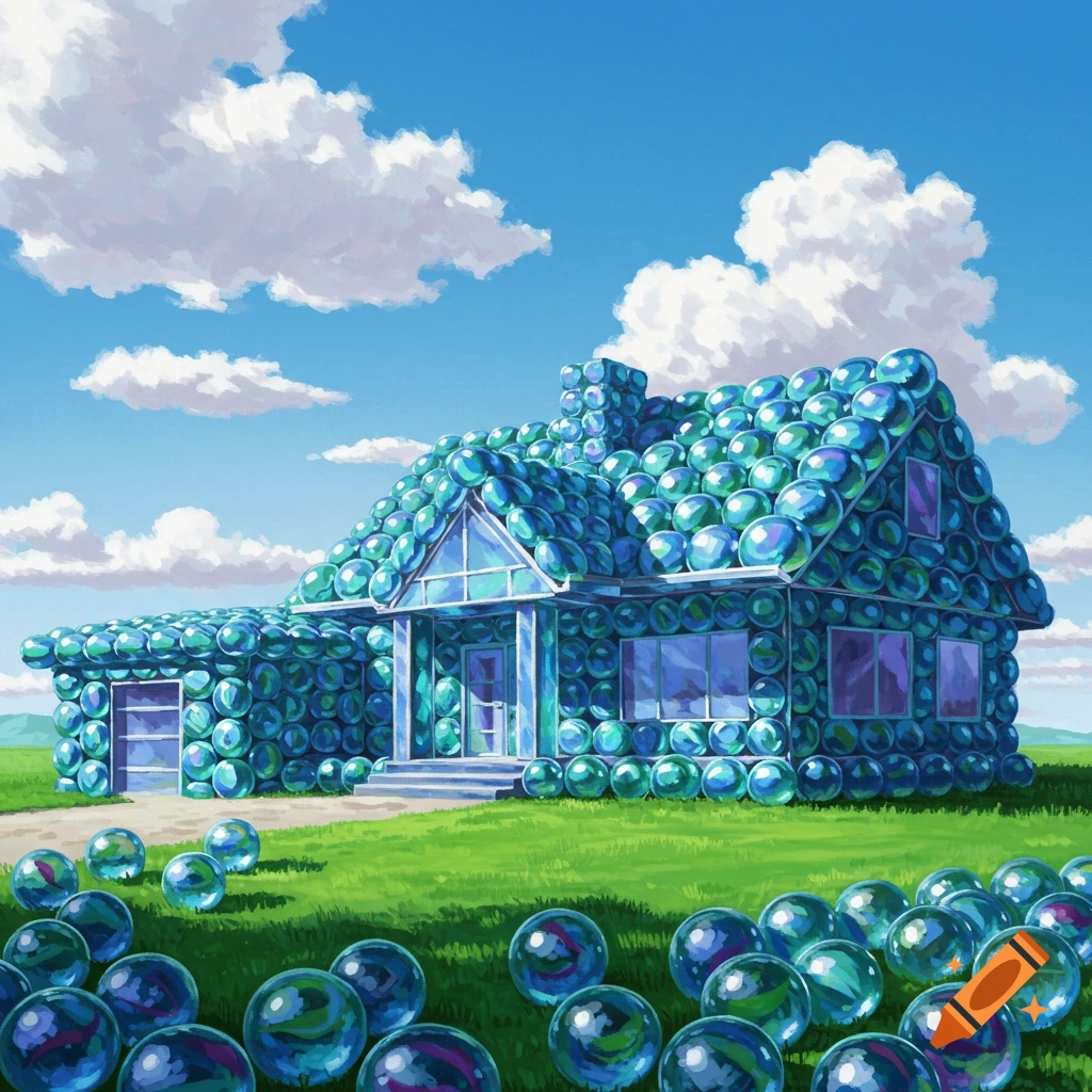 A ranch house built with glass marbles sits in a grassy field under a cloudy sky.