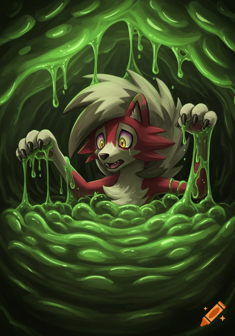 Lycanroc pokemon trapped in green slime