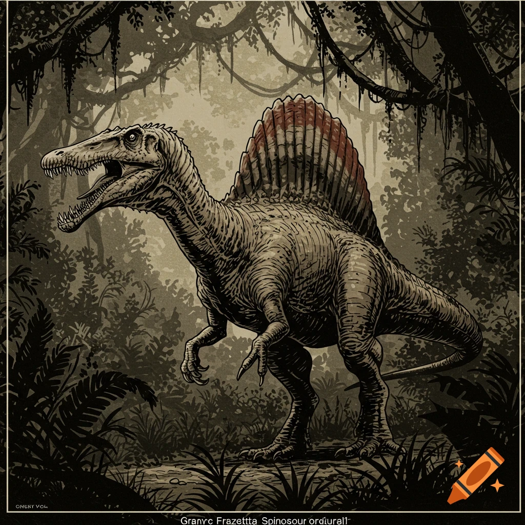 Ink drawing of a Spinosaurus in a jungle.