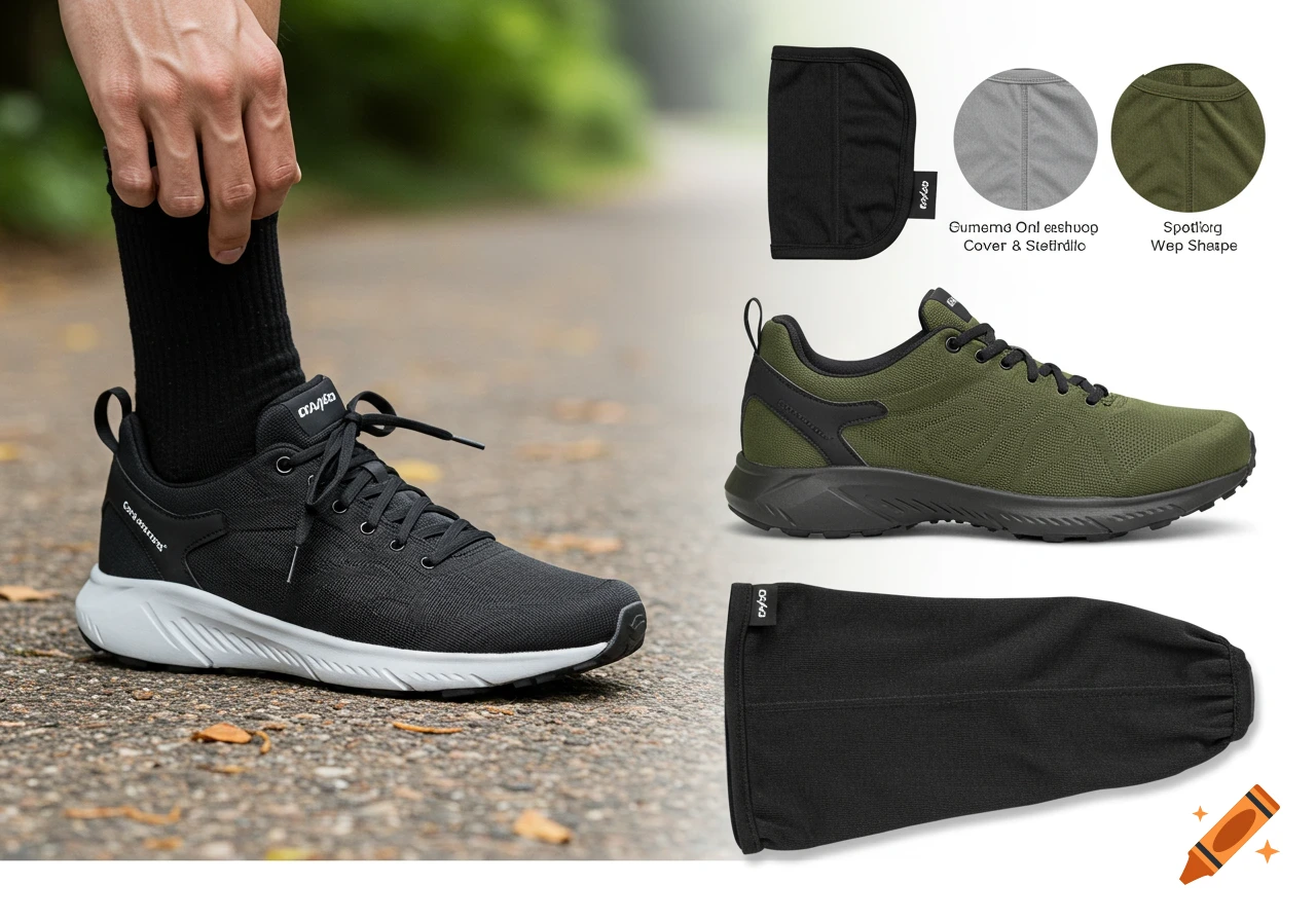 Product photo of black and olive green athletic shoes and black shoe covers.