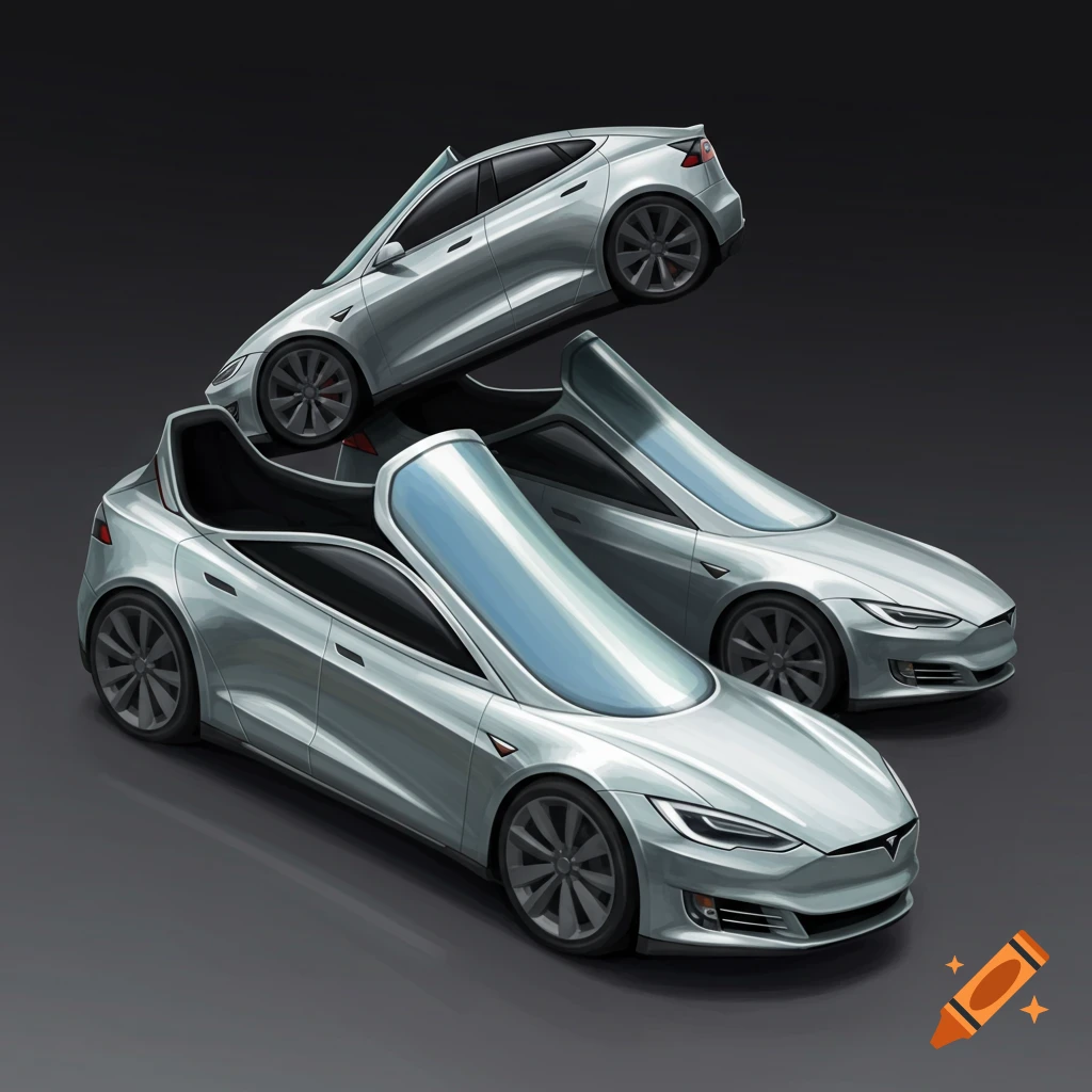 Stack of three objects resembling Tesla cars shaped like shoes.