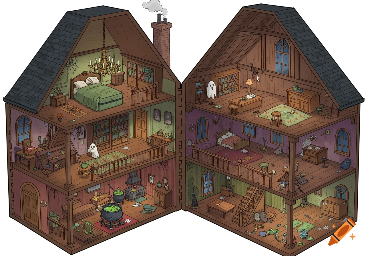 Cartoon cross-section of a haunted house interior with multiple levels, showing rooms, ghosts, and spooky furniture.
