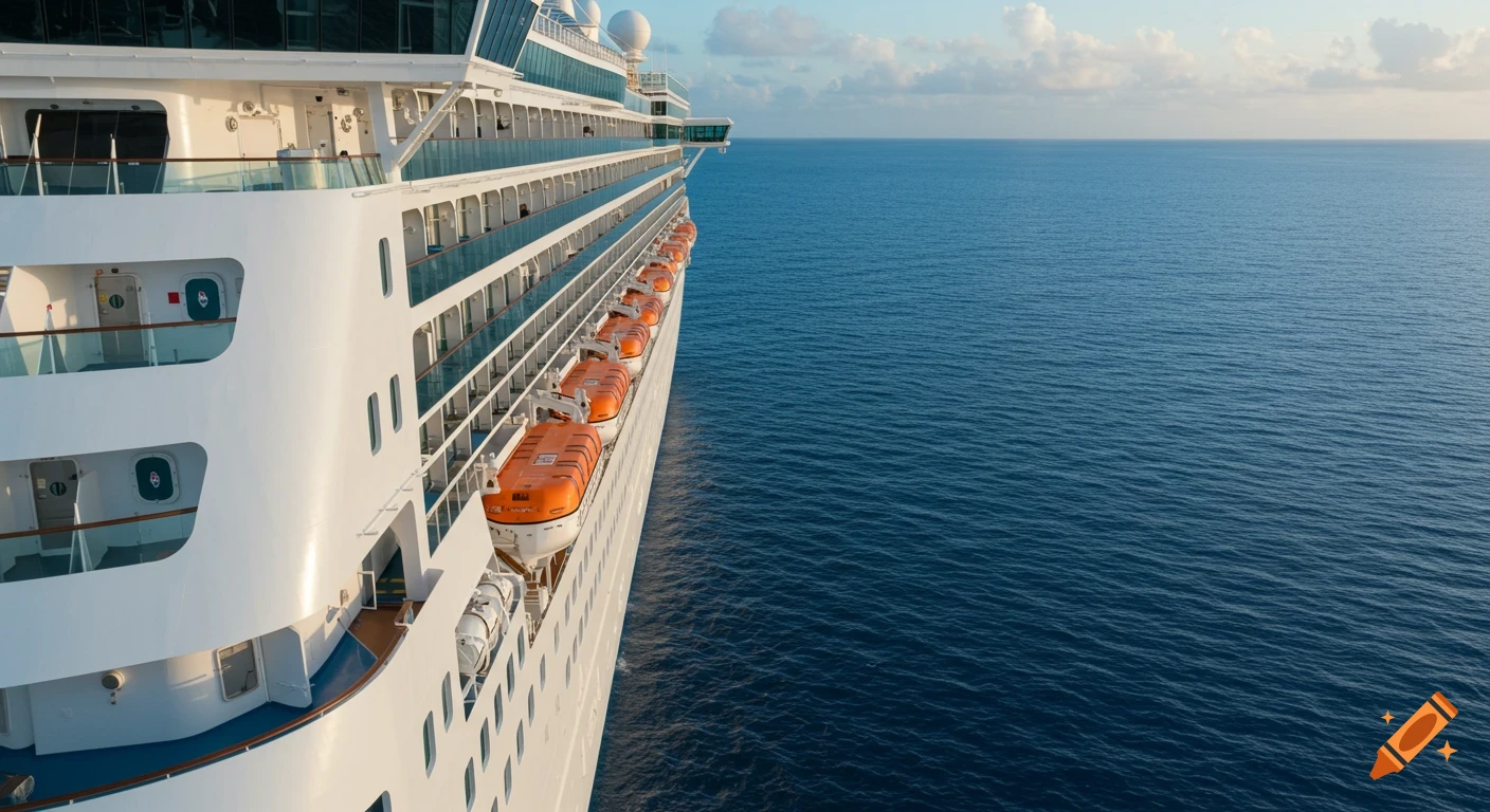 Side view of a large white cruise ship sailing on a blue ocean under a cloudy sky.