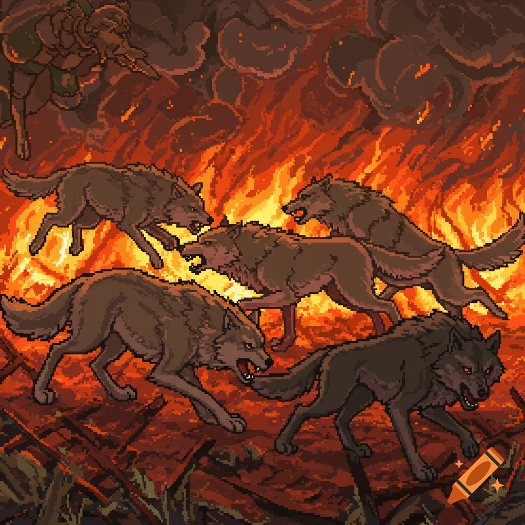 Pixel art of a pack of wolves fighting in flames with a warrior overhead.