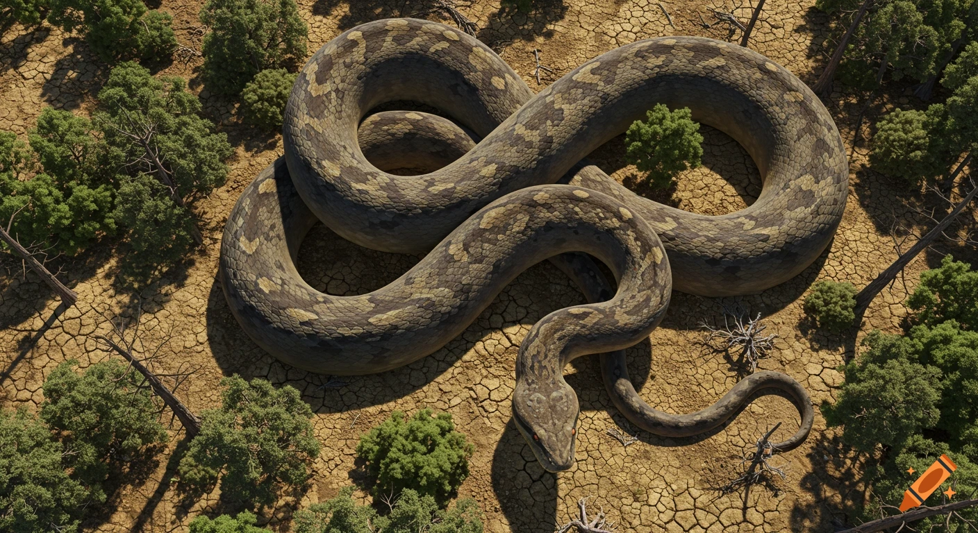 Aerial view of a giant snake winding through a dry, cracked landscape with trees.