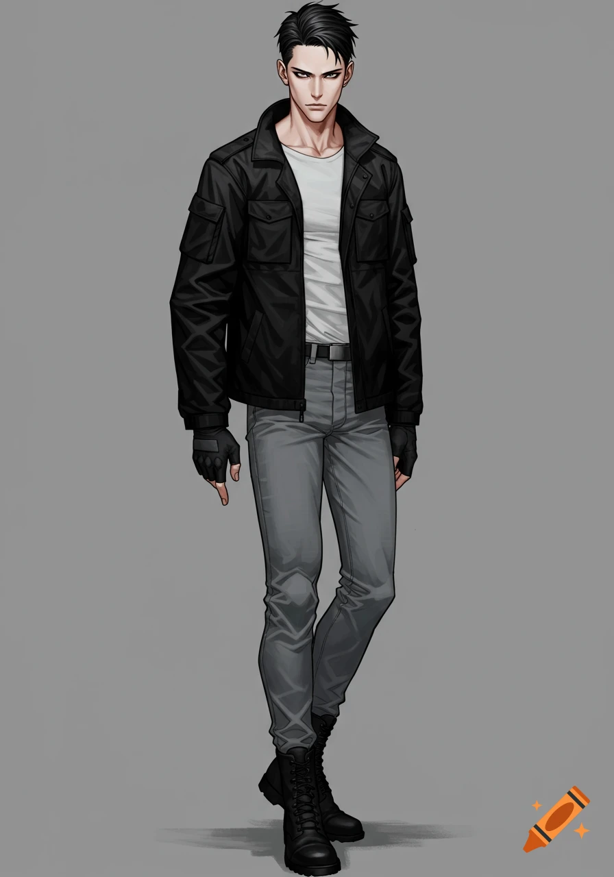 Full body anime-style portrait of a man in a black tactical jacket, white t-shirt, grey jeans, and black boots.