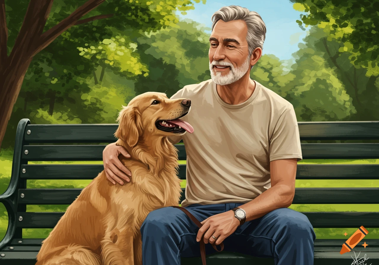 Older man sits on a park bench with a golden retriever in a painted style.