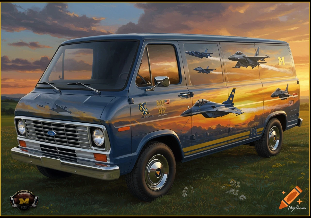 A blue van with a painted mural of fighter jets flying over a sunset landscape, featuring university logos, parked in a field.