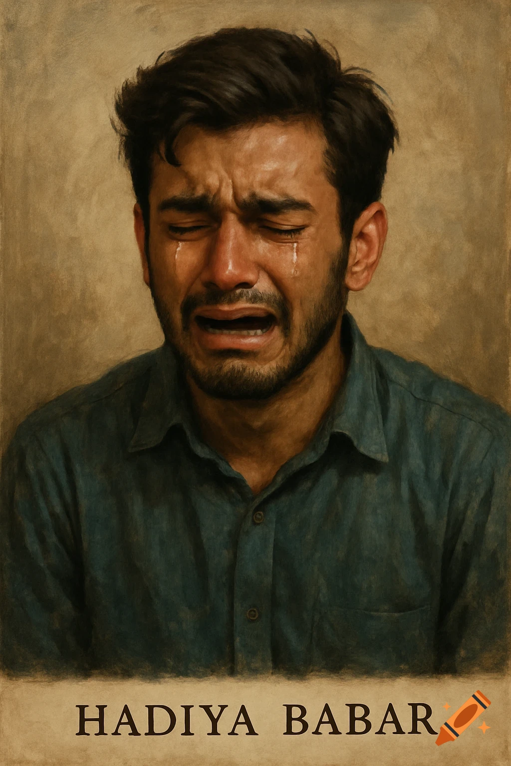 Portrait of a crying man with tears in a painting style, text reads Hadiya Babar below.