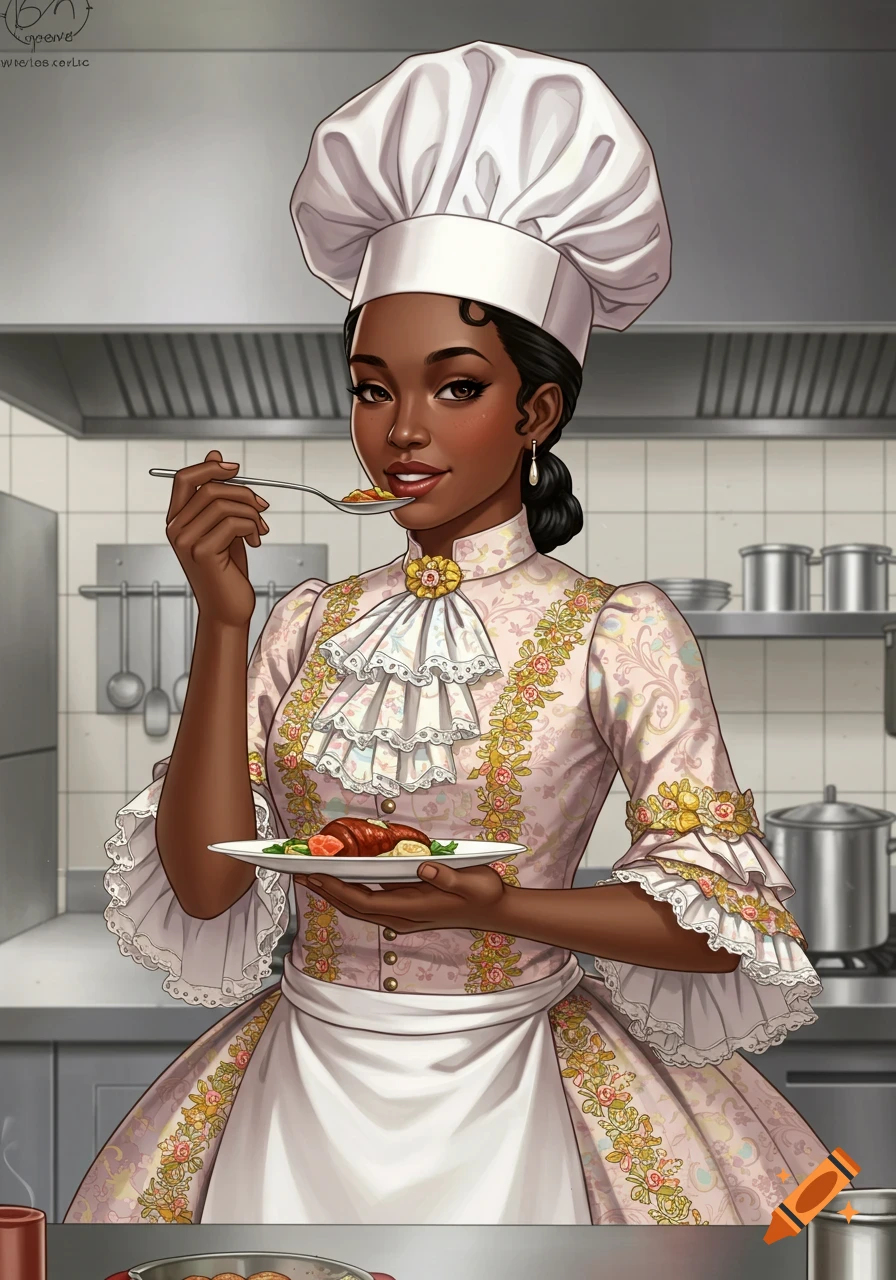 A black female chef in a Rococo-themed outfit tastes food in a kitchen, illustration