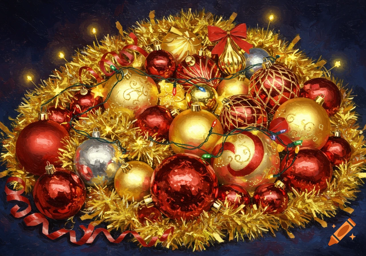 A pile of gold and red Christmas ornaments and tinsel with lights, in a painterly style.