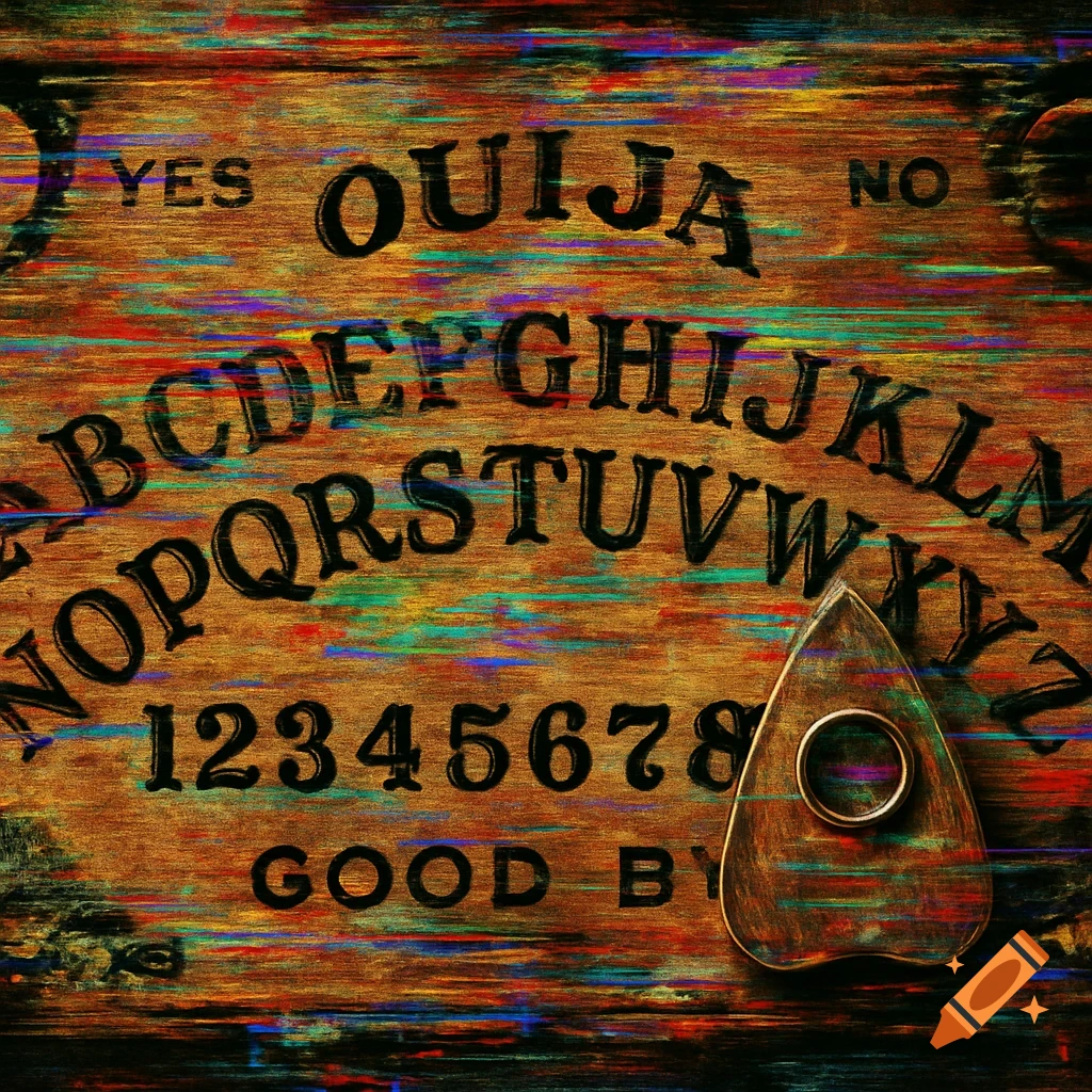 A Ouija board with a planchette is depicted with a strong glitch art effect.