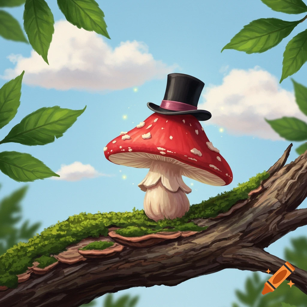 An illustrated mushroom wearing a black top hat sits on a mossy tree branch under a blue sky.