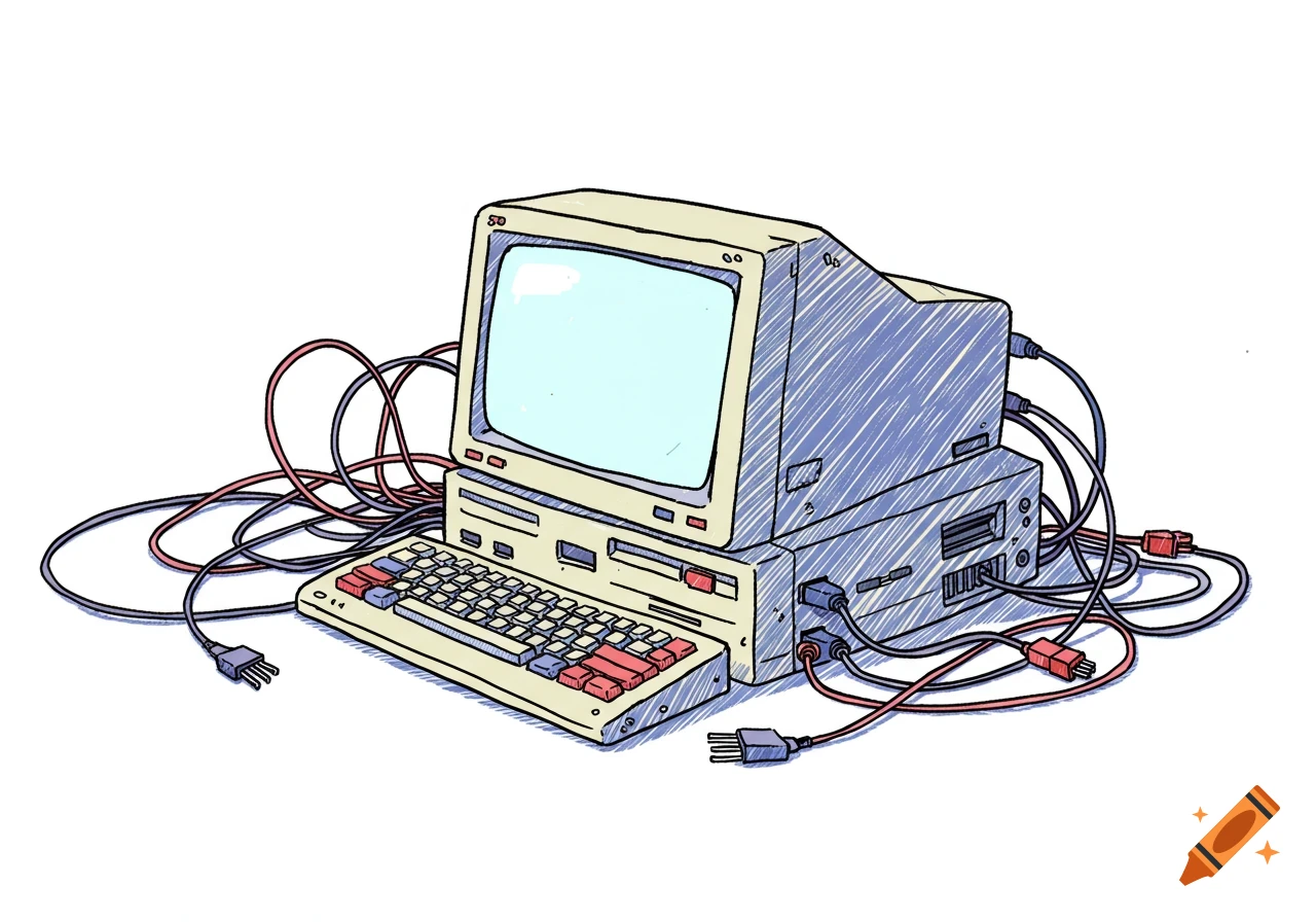 Hand-drawn illustration of a retro 90s computer setup with monitor, keyboard, tower, and tangled wires.