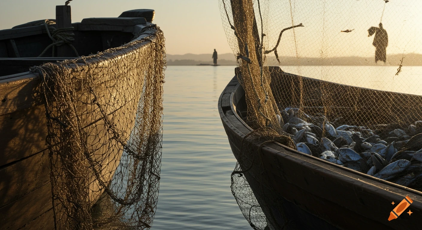 Two fishing boats at sunrise, one with an empty net, the other full of fish. Distant figures stand on the shore.
