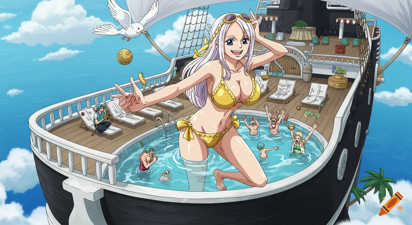 An anime woman in a golden bikini poses in a pool on the deck of a large ship with other people.