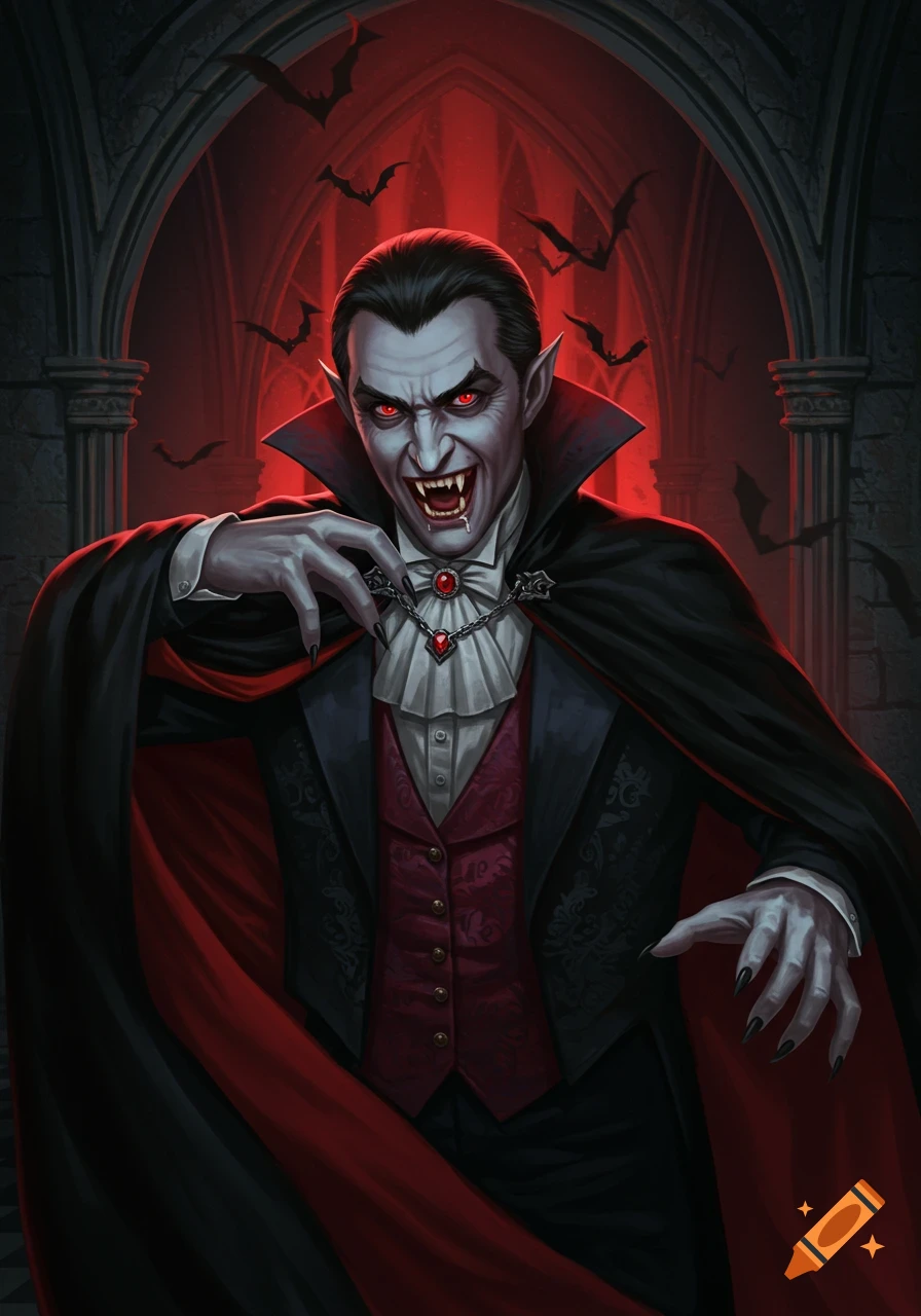 Illustration of a scary vampire with red eyes and fangs in a gothic setting.