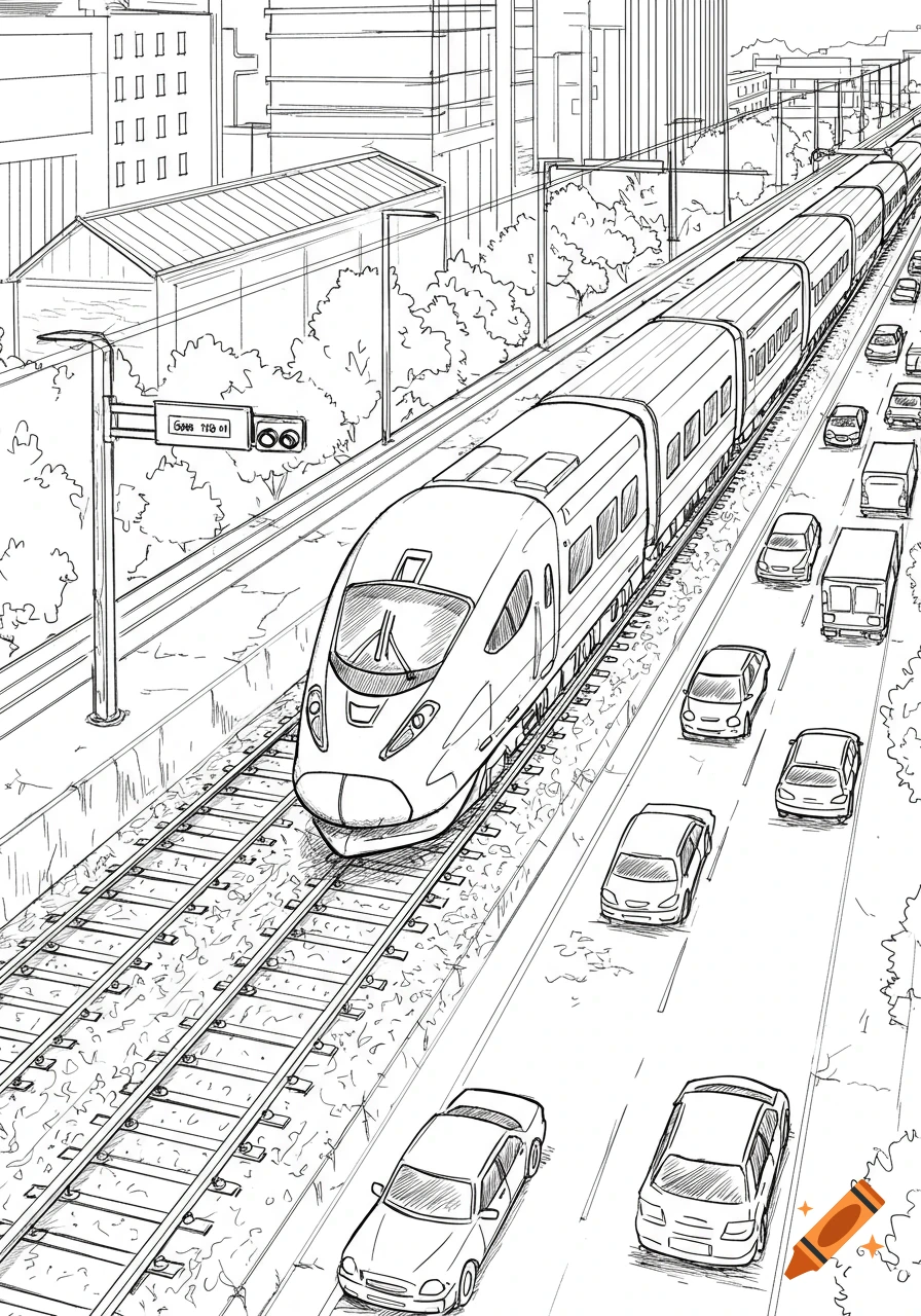 Line drawing of a high-speed train running alongside a city road with cars