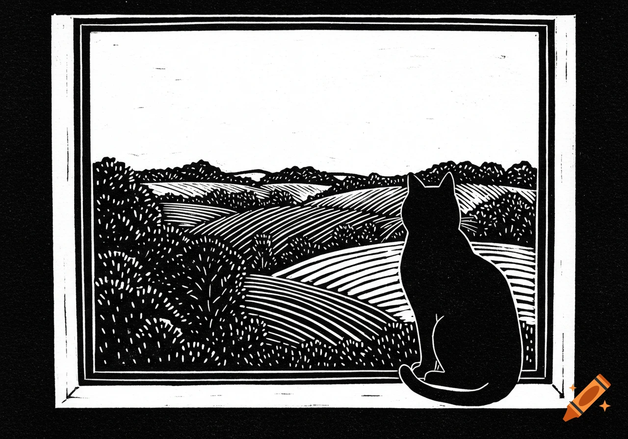 Black cat sits in a window looking at rolling hills, linocut print.