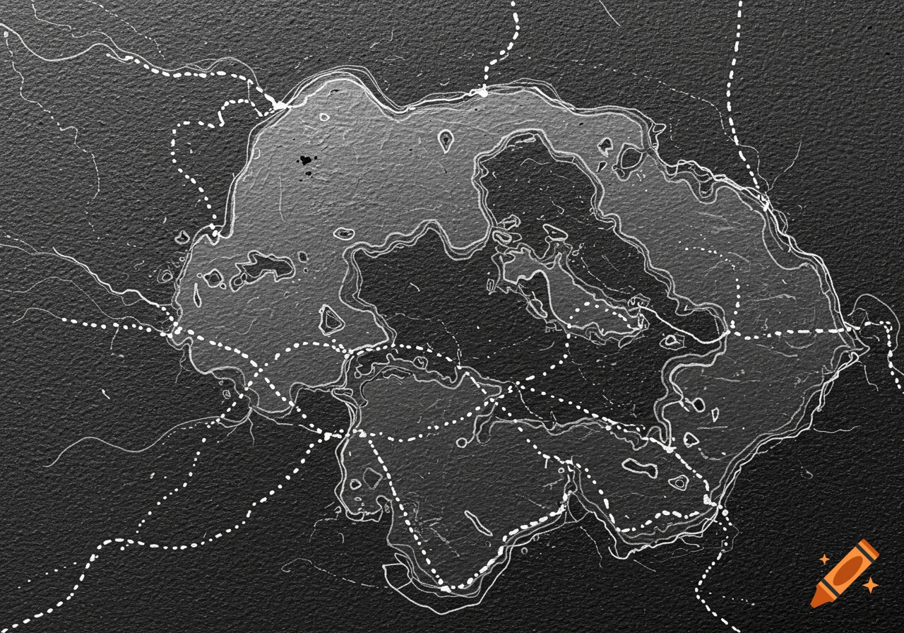 A black and white stylized map with lakes and dotted paths on a textured background.
