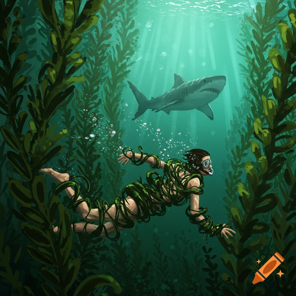 Illustration of a swimmer tangled in seaweed underwater with a shark overhead