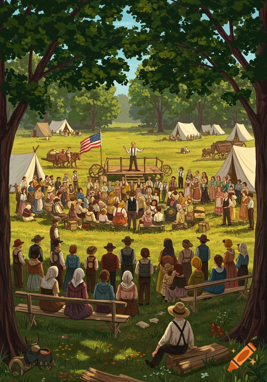 A historical camp meeting scene with a speaker on a stage, a crowd of people, tents, wagons, and an American flag in a field framed by trees.