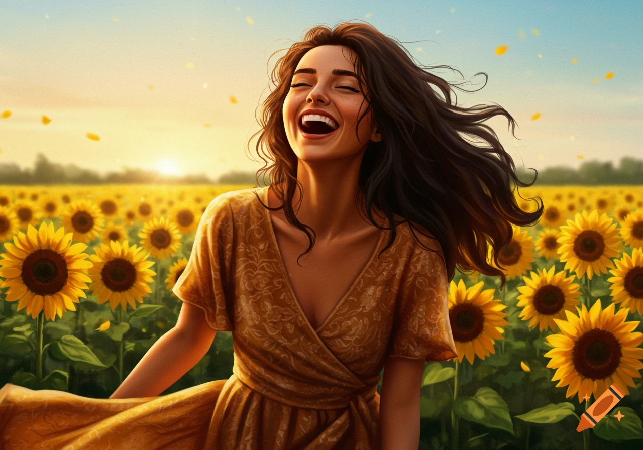 A woman laughs joyfully in a field of sunflowers at sunset