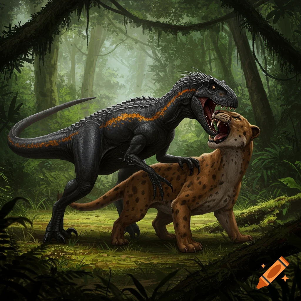 An Indoraptor battles a Smilodon in a lush jungle.