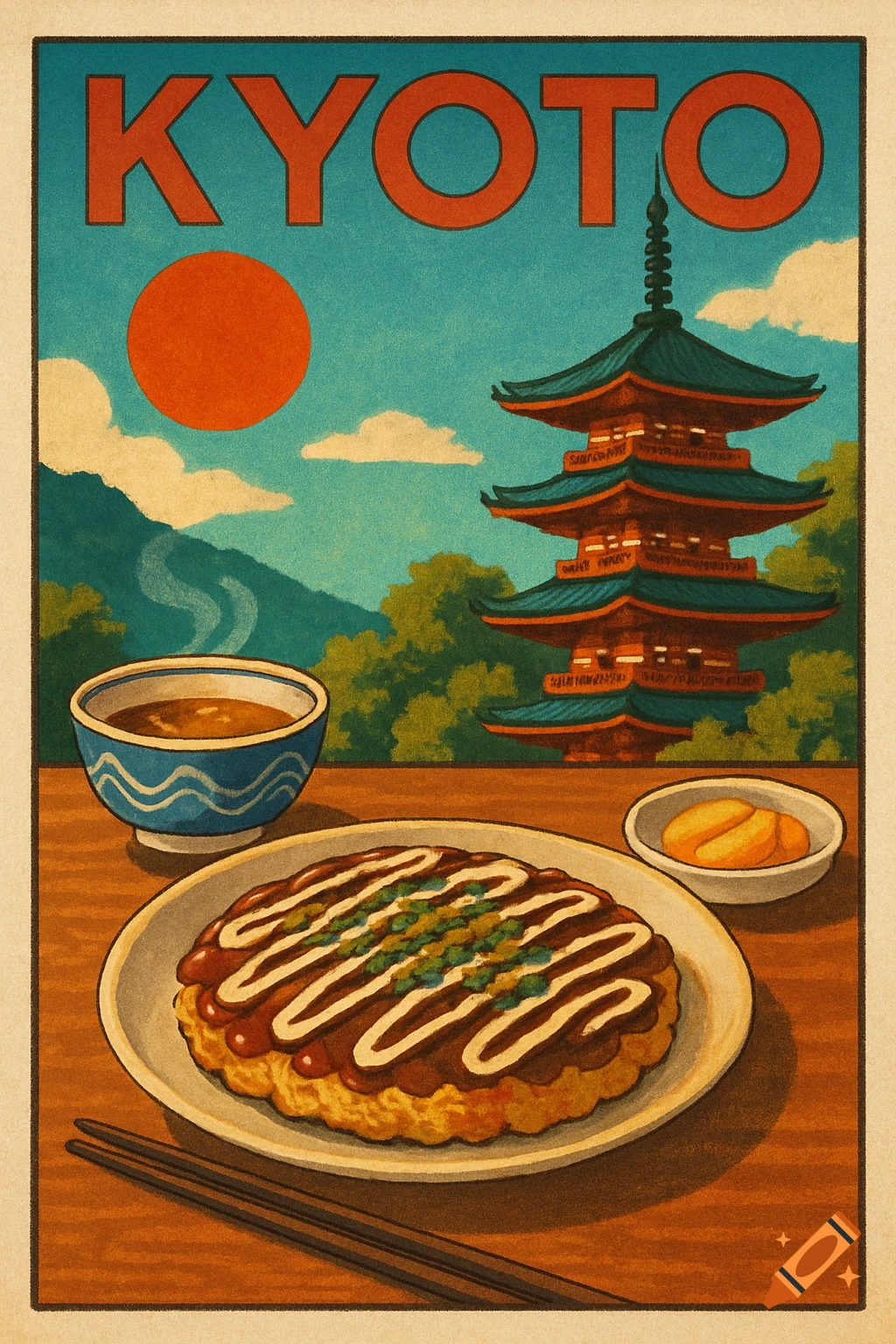 Retro poster art for Kyoto featuring a pagoda, food, and landscape scene.