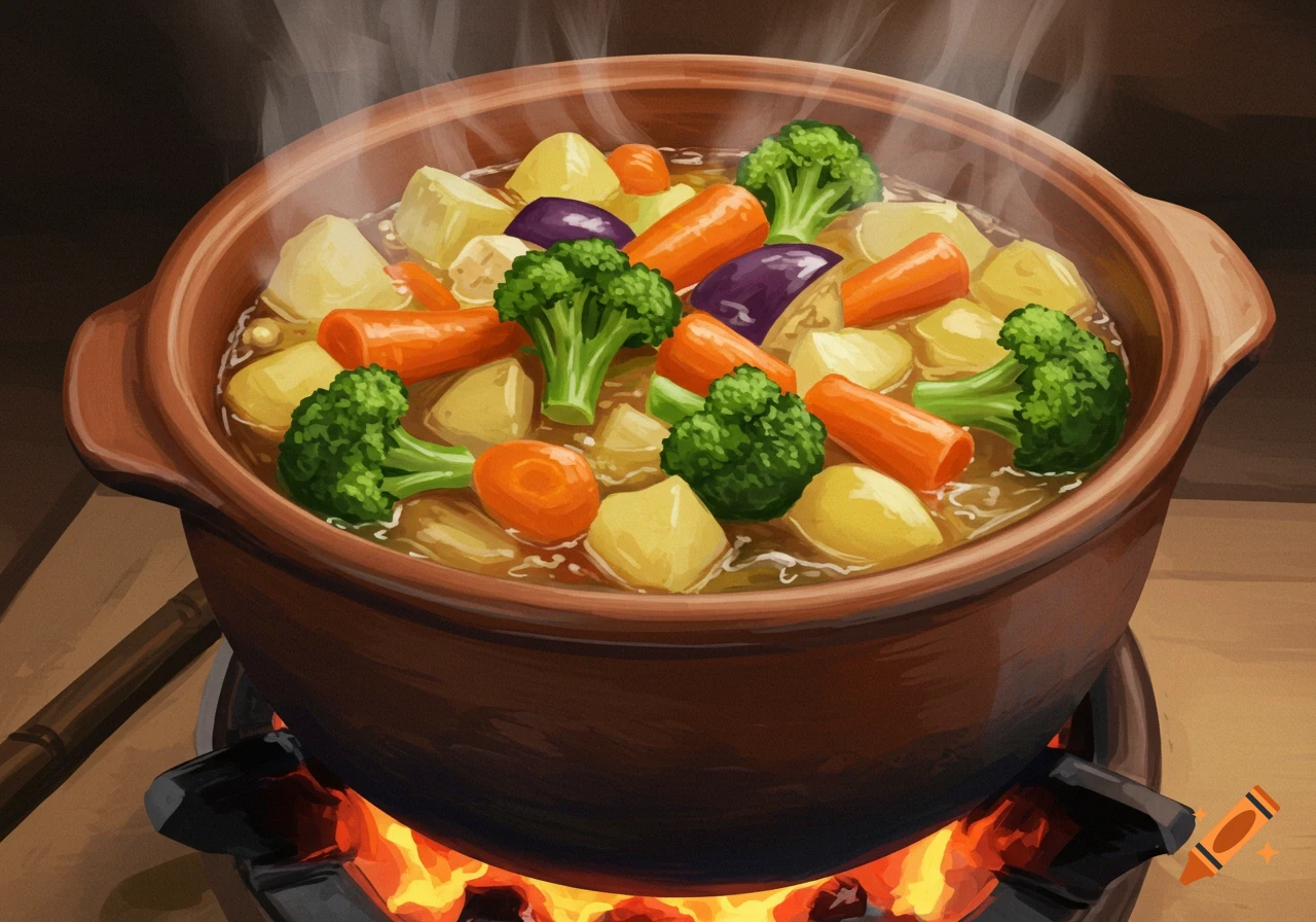An illustrative image of chunky vegetables cooking in a pot over a fire, with steam rising.