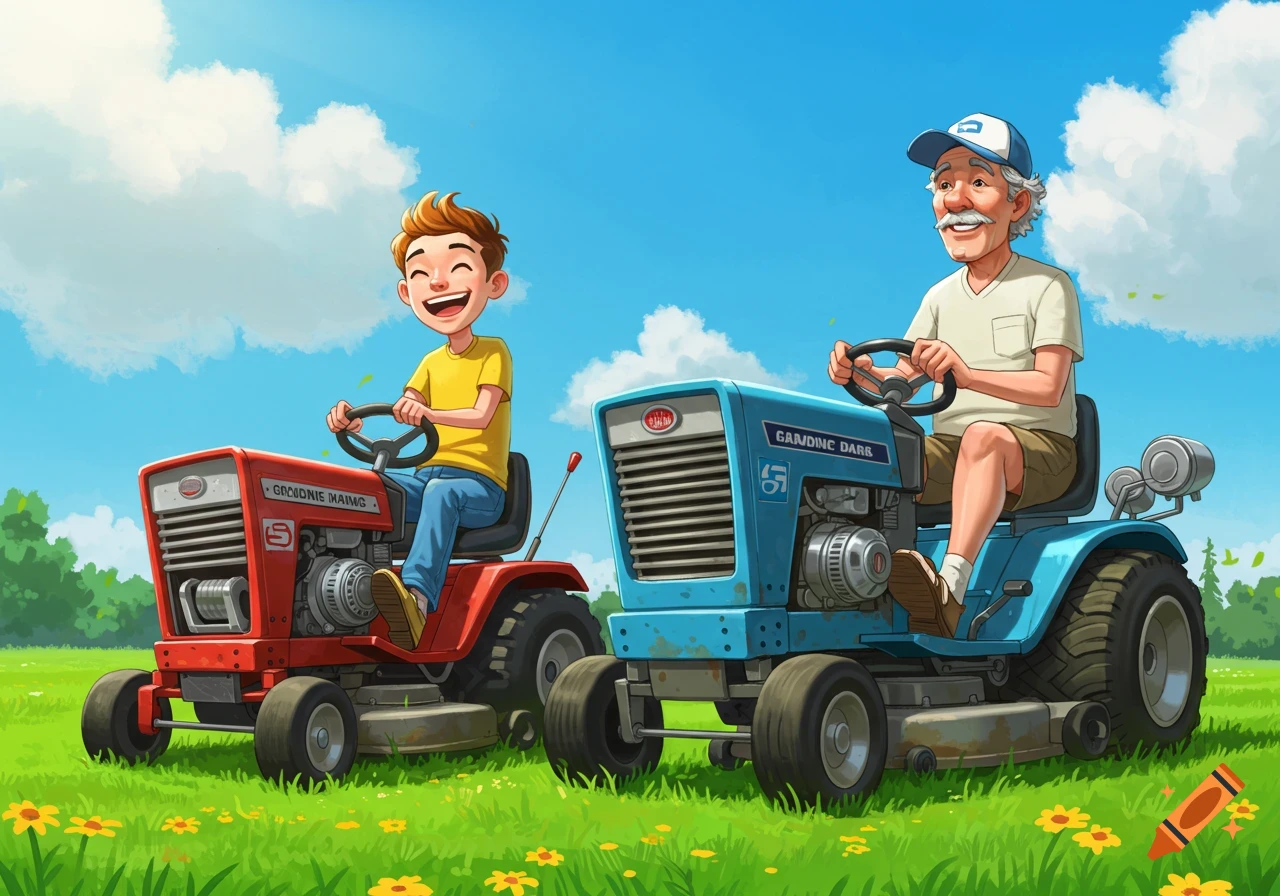 Cartoon illustration of a man and boy riding red and blue lawnmowers in a grassy field.