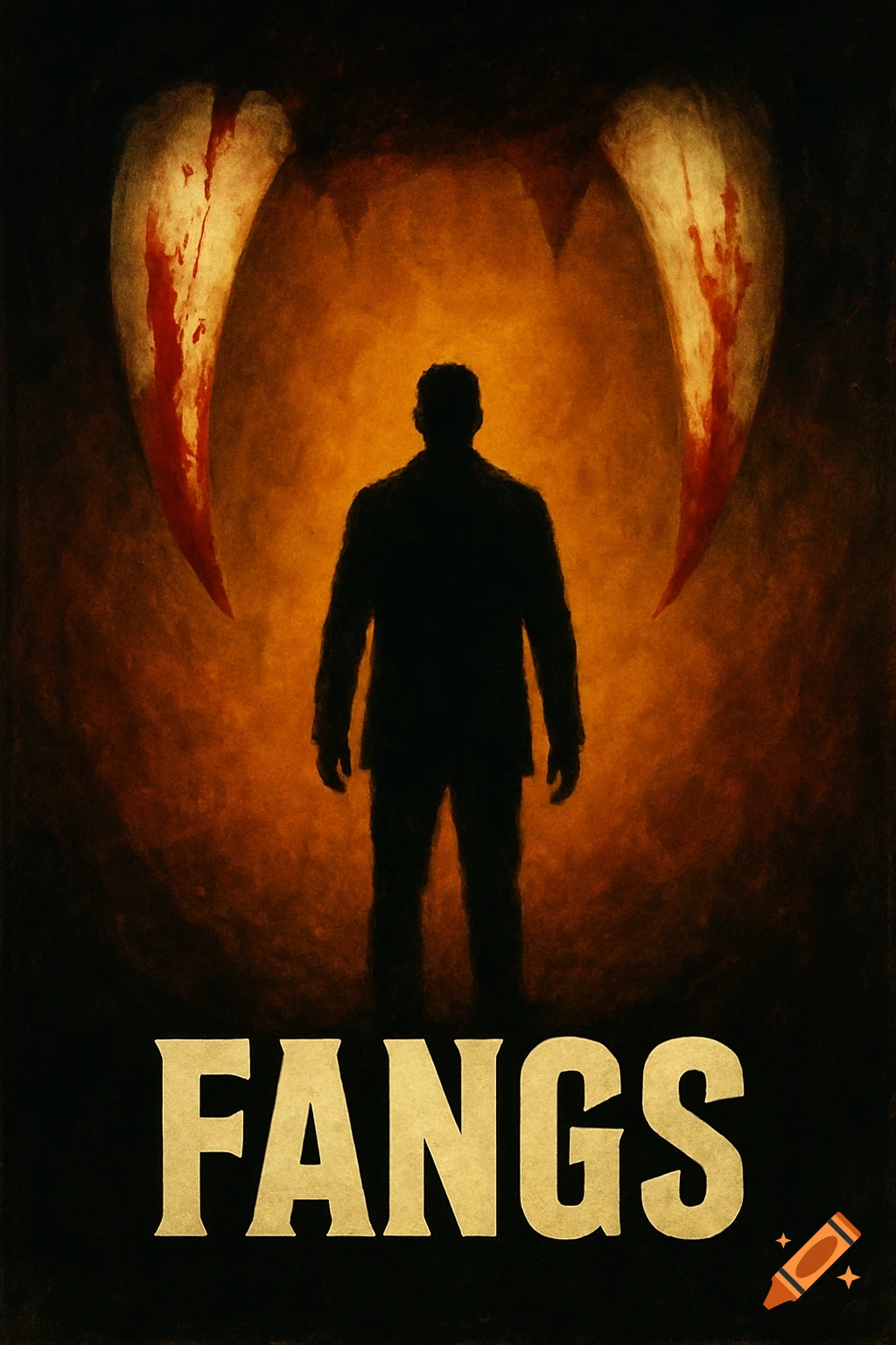 Stylized movie poster of a man's silhouette beneath two large bloody fangs, with the title "FANGS" below.