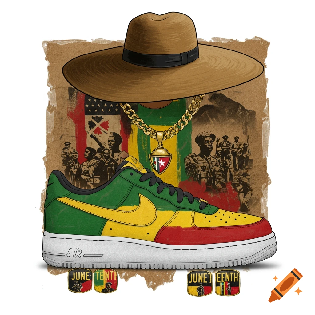Illustration of a sneaker in green, yellow, red with historical Juneteenth imagery, a hat, and jewelry.