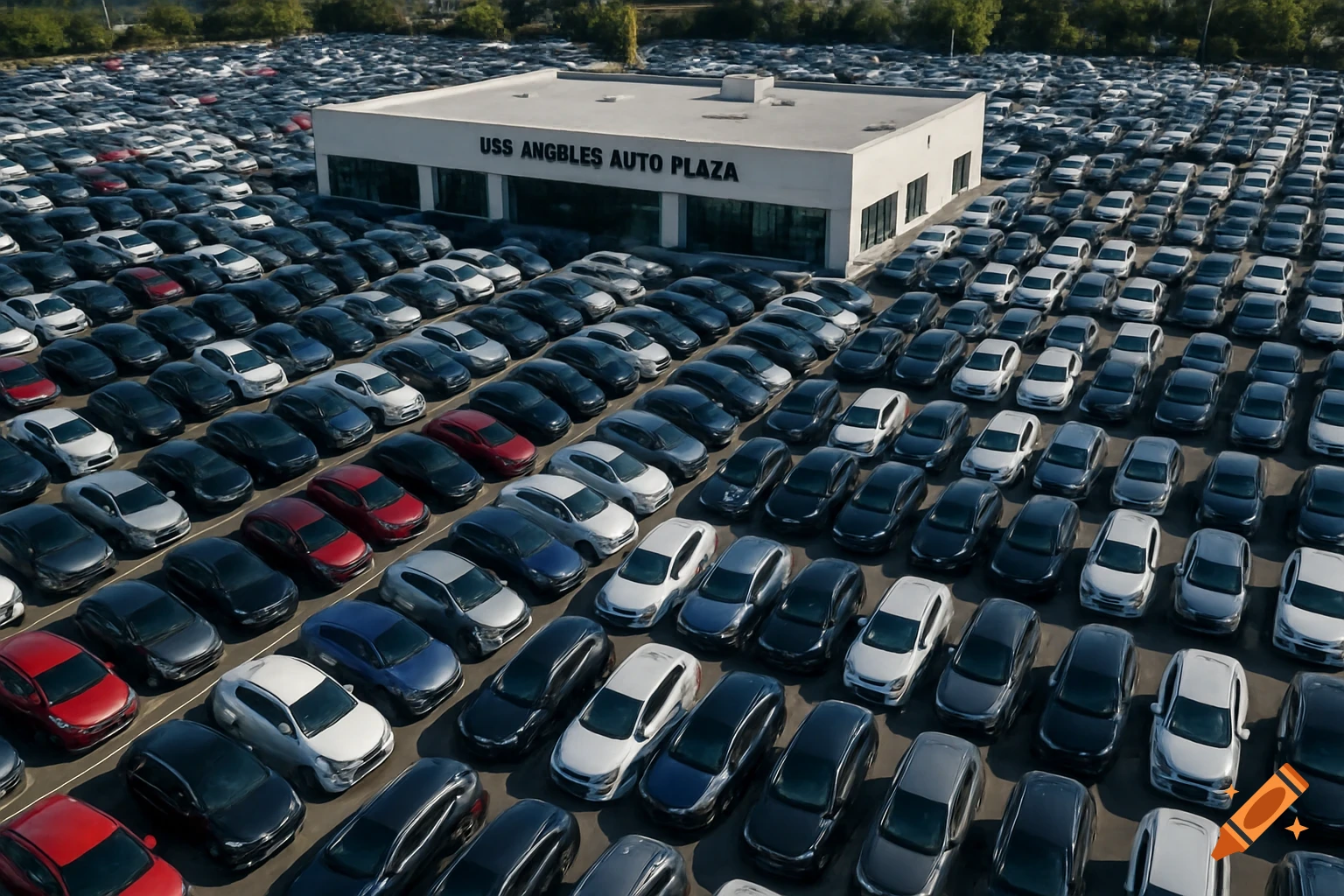 Aerial view of a large car dealership building and expansive parking lot filled with hundreds of cars.