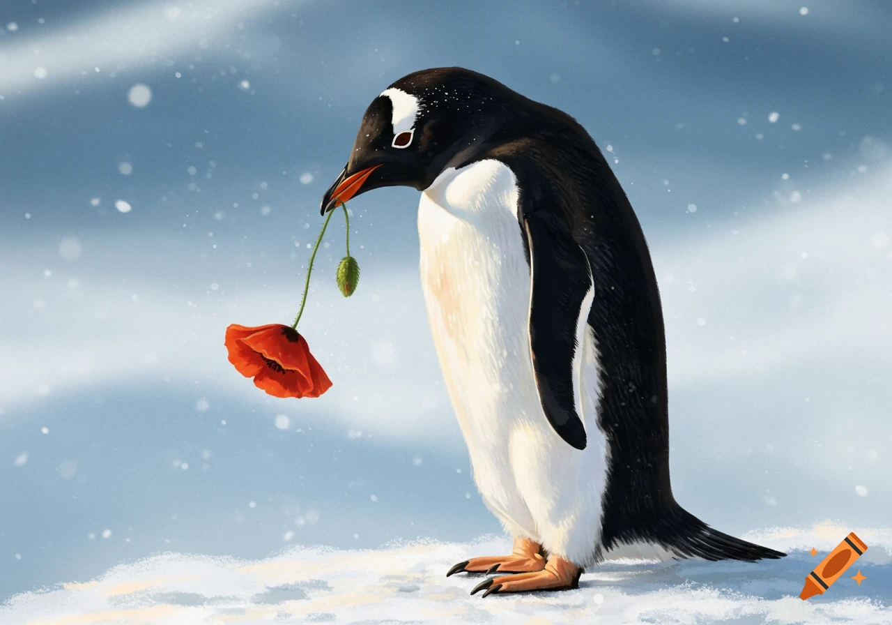 A penguin stands in the snow holding a red poppy in its beak.
