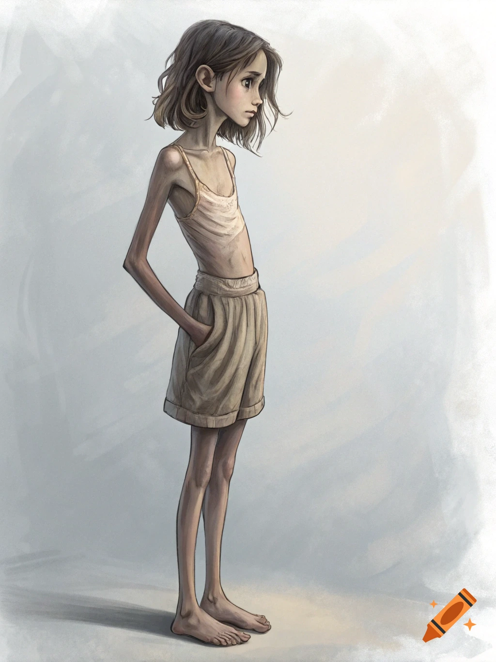 A very thin young girl stands looking away in a stylized illustration.
