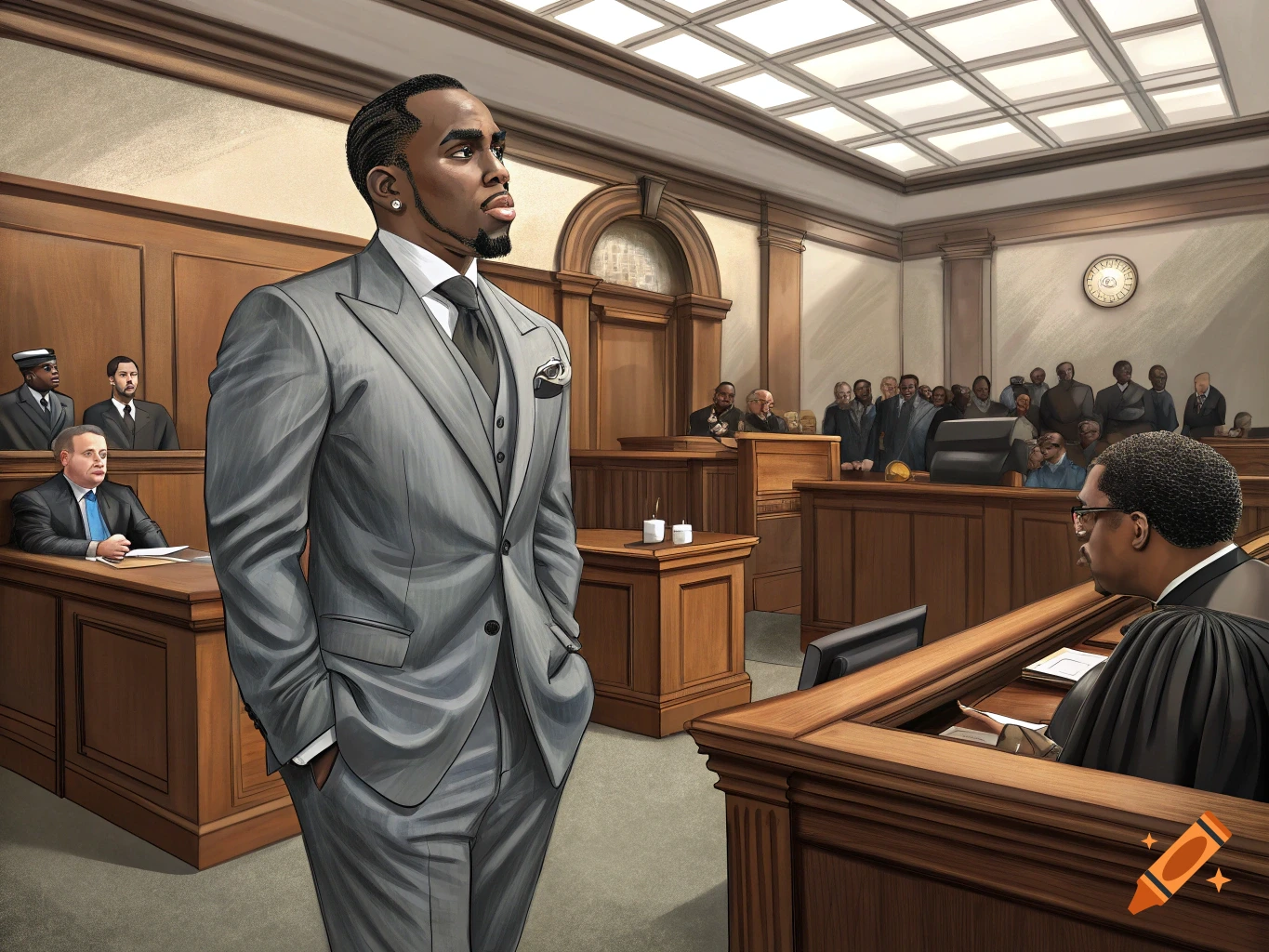 An illustration of a man in a suit standing in a courtroom.