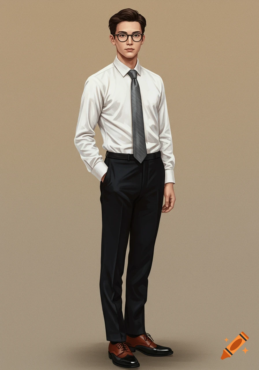 Full body illustration of a man in a white shirt, black tie, black pants, and glasses, standing against a plain background.