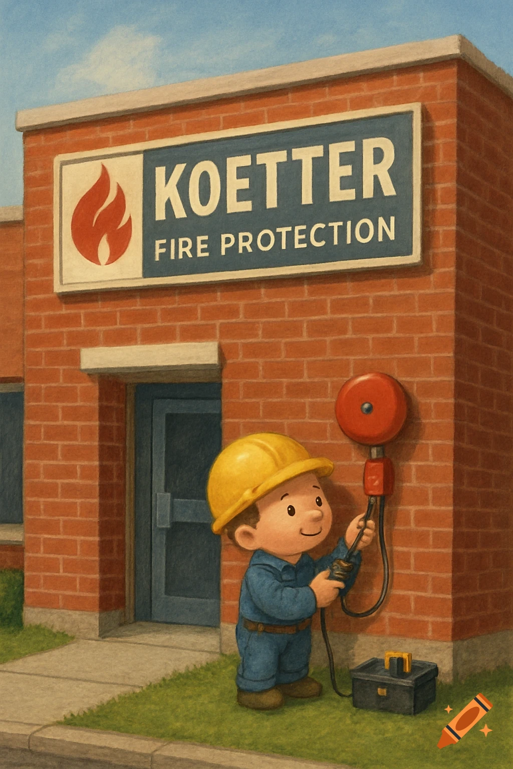Illustration of a little boy in a yellow hard hat and blue overalls pulling a fire alarm outside a brick building.