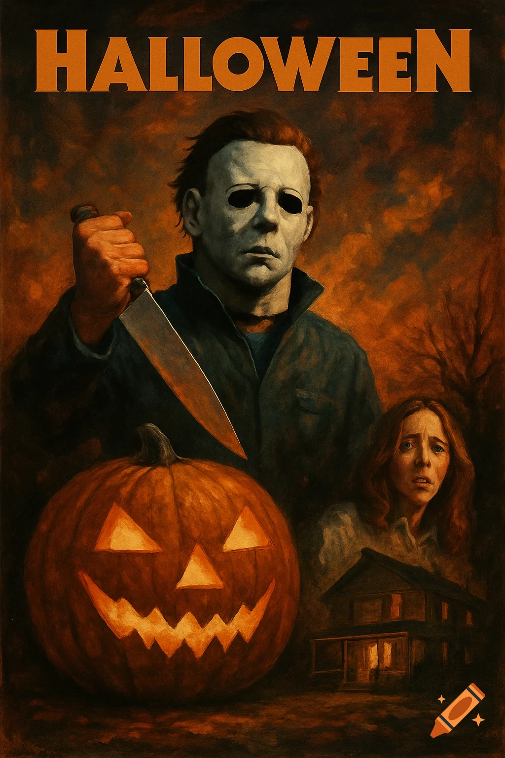 Michael Myers with a knife, a jack-o'-lantern, and a scared woman, under text 'HALLOWEEN'. Movie poster style illustration.