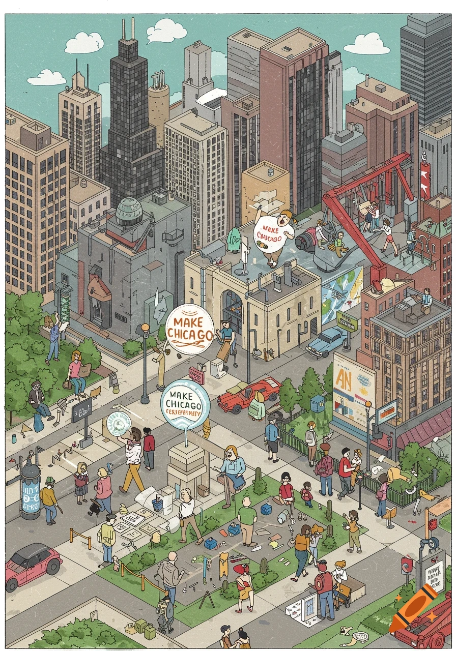 An isometric illustration of a bustling city street scene with people and buildings, featuring signs saying 'Make Chicago'.