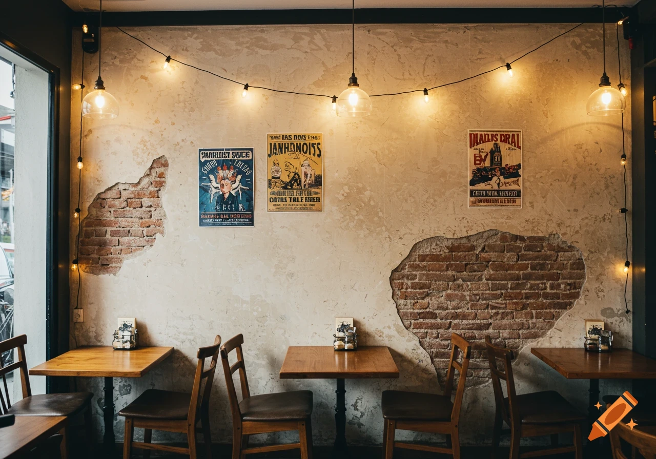 Interior view of a cafe wall with tables, chairs, and vintage posters