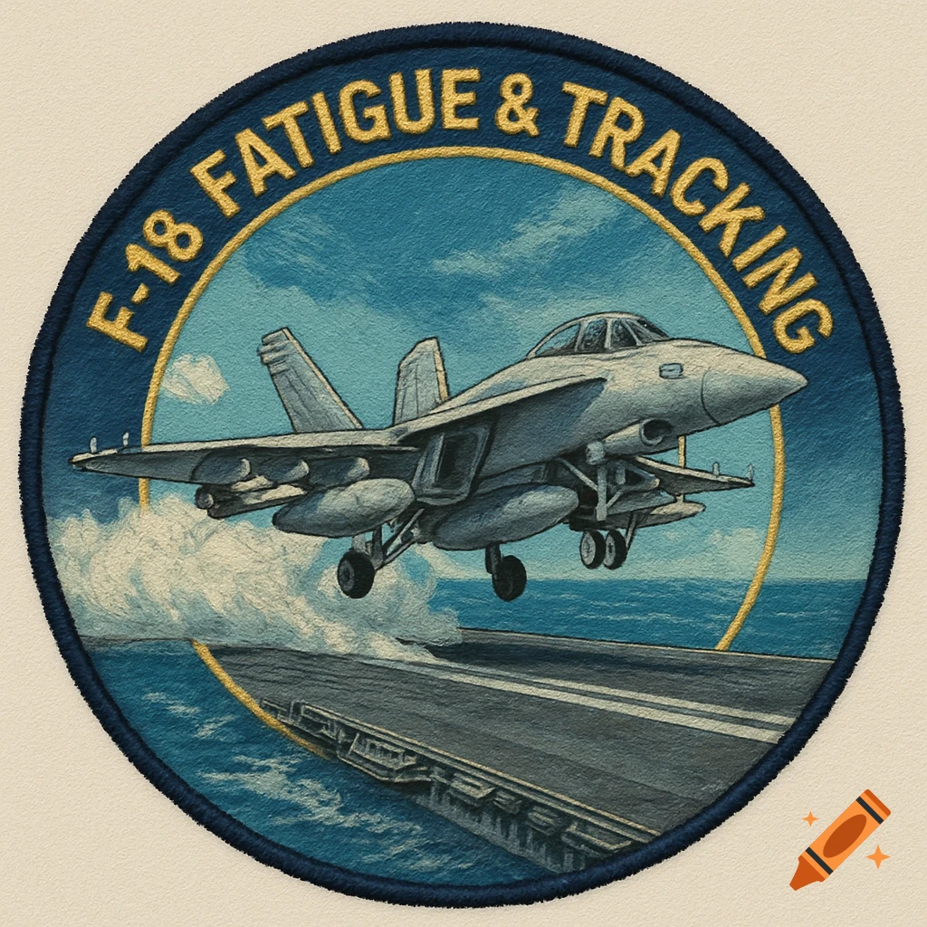 F-18 jet catapulting from an aircraft carrier on a military patch design.