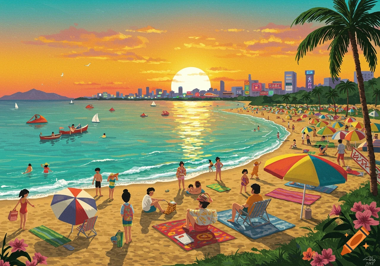 Retro illustration of a crowded beach at sunset with cityscape, people swimming, and beachgoers relaxing.